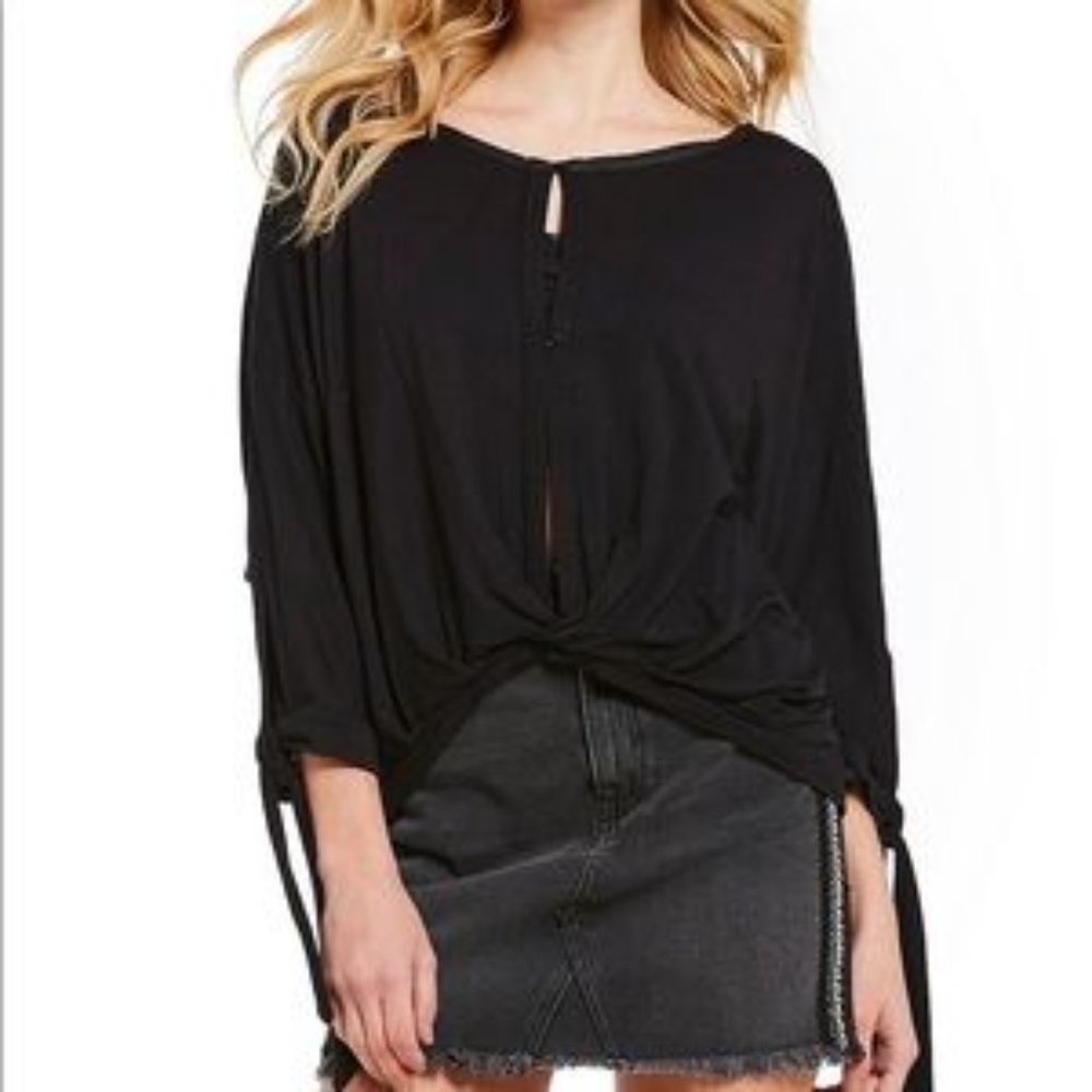 Black Twist-front Long Sleeve Scoop Neck Top NWT
